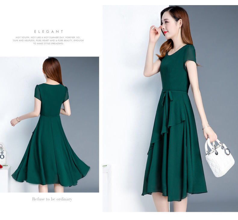 2020新款夏季高端收腰显瘦减龄气质中长款圆领大码女装连衣裙外贸详情11