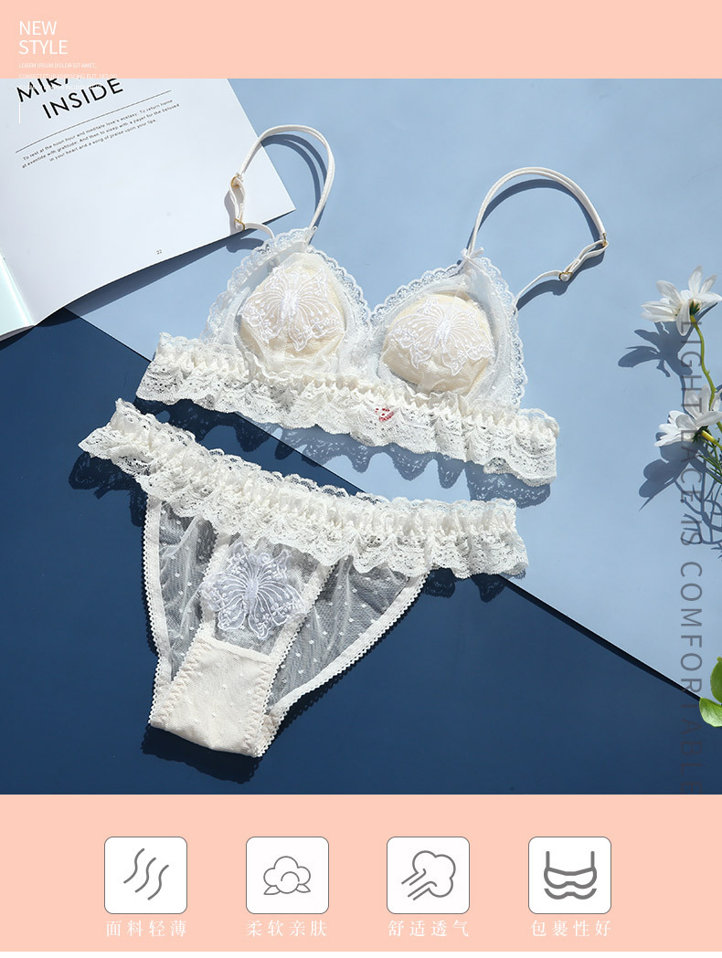 Soft and cute style, soft bra, sweet lace mesh, butterfly embroidery underwear, anti-protruding triangular cup bra set pic 2