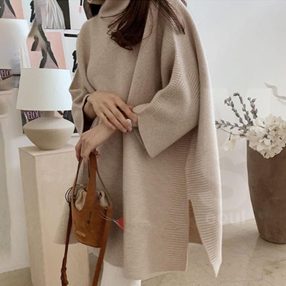 Mid-length cape sweater pullover for loose outerwear in autumn and winter, laid-back style knitted 蝙蝠衫 pic 1