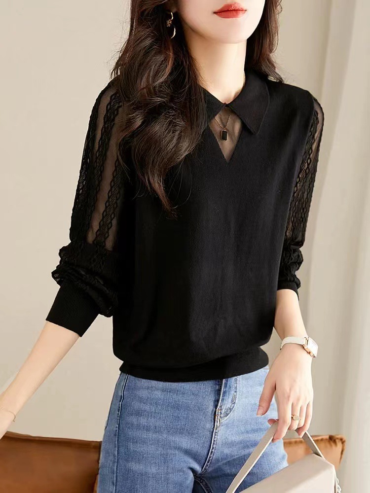 Spring and autumn thin lace knitted sweater with a sense of design, long-sleeved top, new style for women, stylish and youthful, small lapel base sweater pic 5