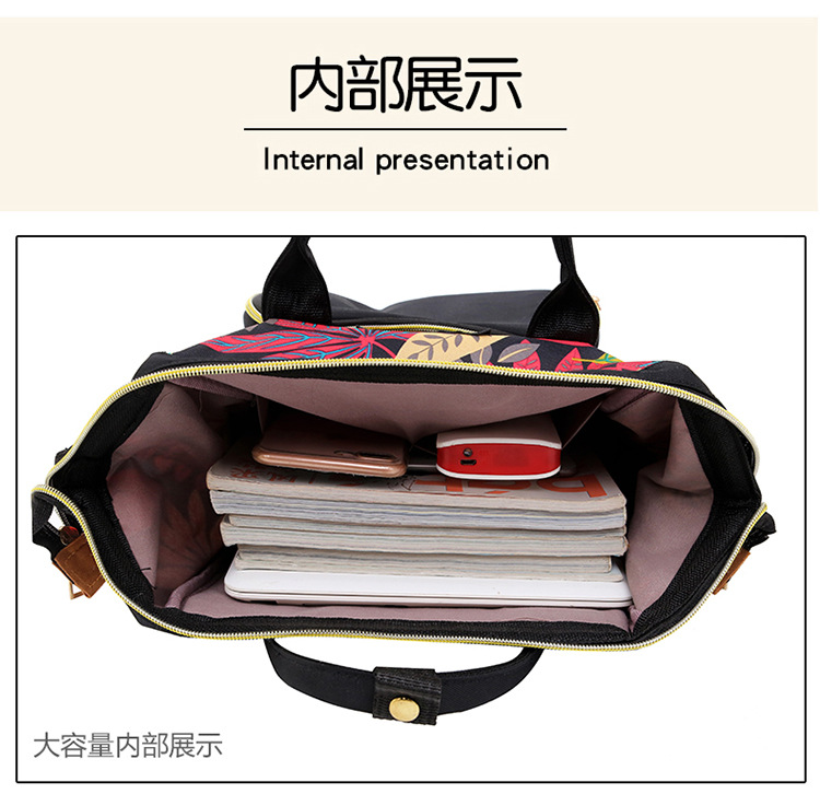 Multi-functional mommy bag, double-shoulder leaf pattern, silk material, waterproof, large capacity for going out, baby bottle, mother and baby bag, back zipper pic 19