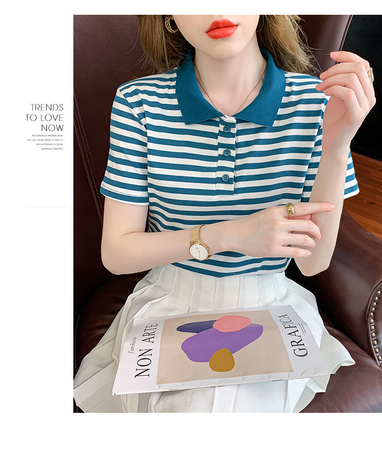 Verano coreano versión rayas mujer commuter patchwork color polo cuello manga corta camiseta mujer diseño sentido moda legging pic 16
