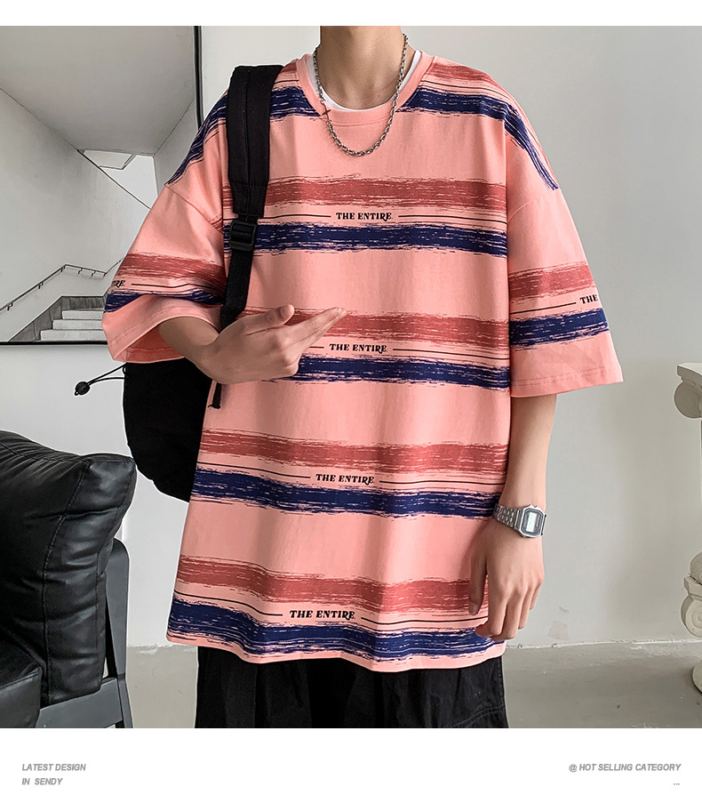 全棉条纹短袖T恤男2024港风青少年百搭宽松五分袖纯棉体恤衣服潮详情6