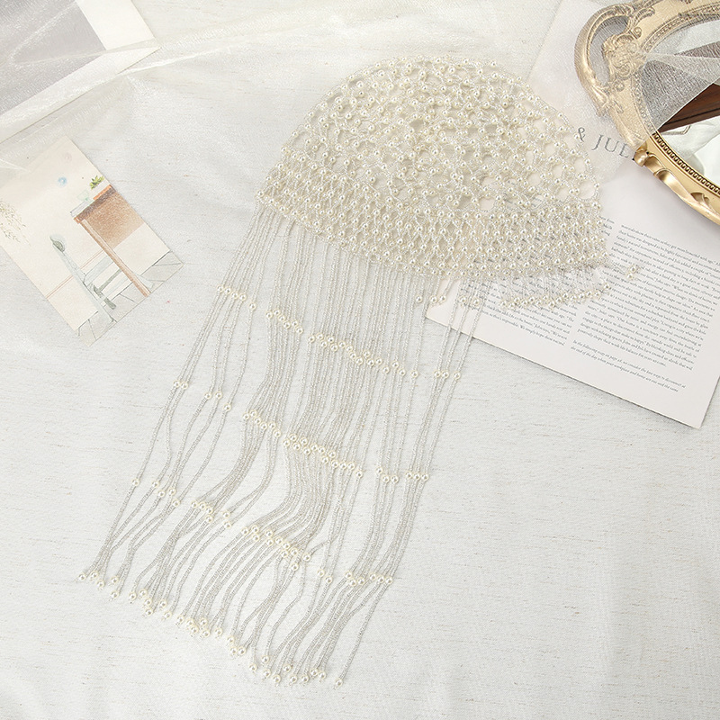 Korean-style pearl top hat, court-style long tassel beaded hat, elegant and elegant bangs hat, wedding dress, hair accessories wholesale pic 8