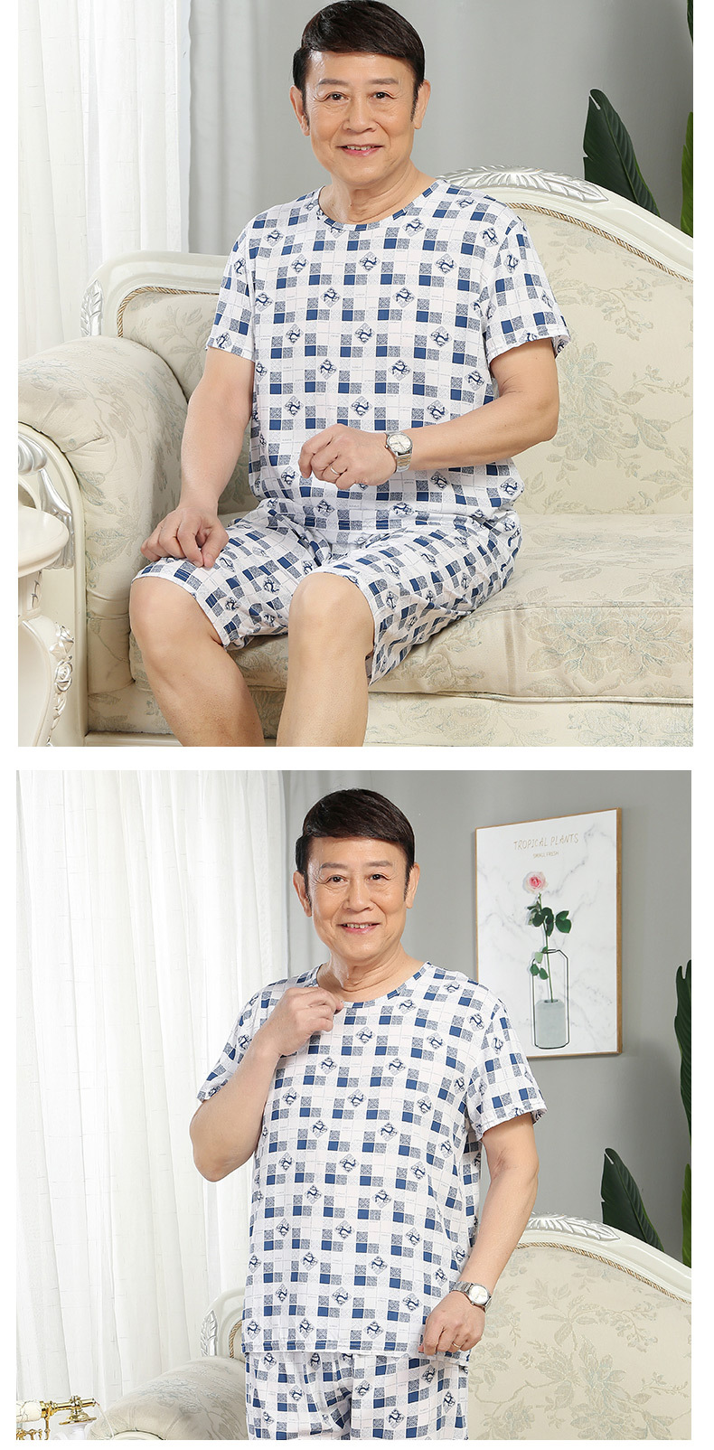 Dad pajama set, large-sized, short-sleeved cotton and silk two-piece set for middle-aged and elderly people. Cotton and artificial cotton can be worn outside as home wear pic 14