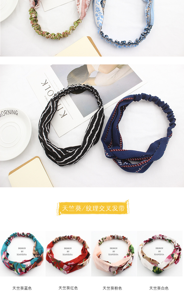 Wholesale of cross-shaped hair bands, Korean fresh and simple elastic facial cleansing hair ties, narrow-edge floral fabric hair bands pic 14