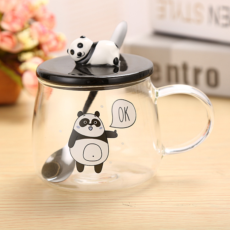 Ceramic panda glass cup with 3D panda lid water cup pic 1