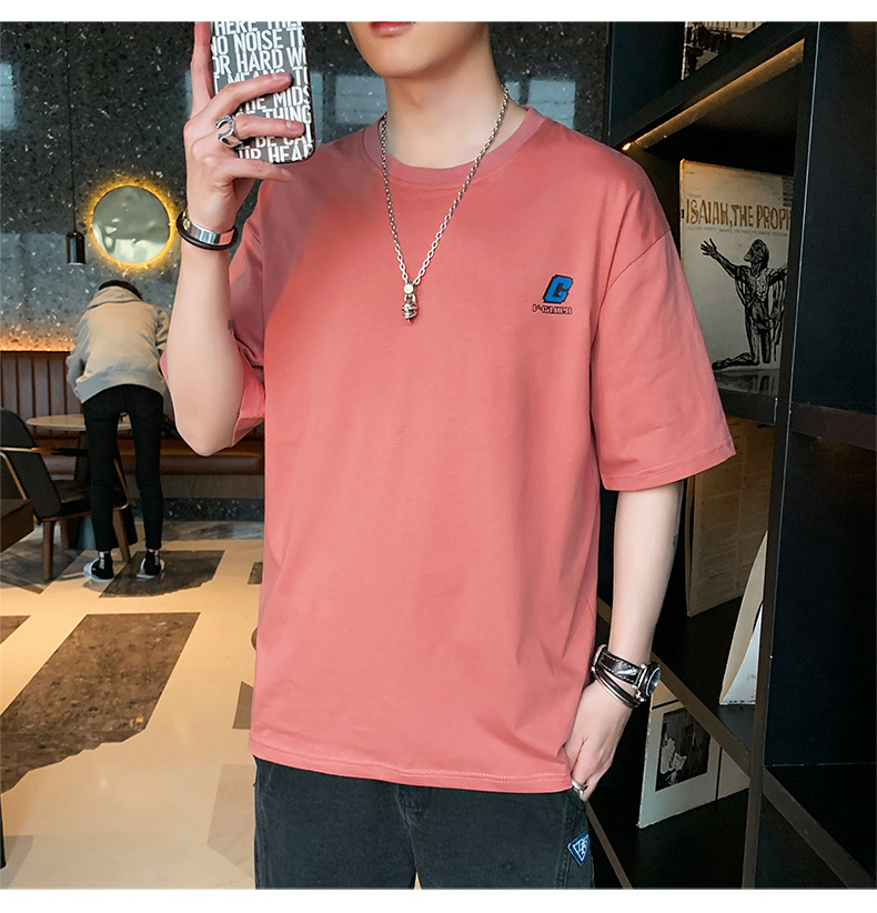 Pure cotton T-shirt for men, summer short-sleeved 2024 new Korean style five-quarter sleeve off-the-shoulder shirt, loose trendy brand short-sleeved large size pic 20