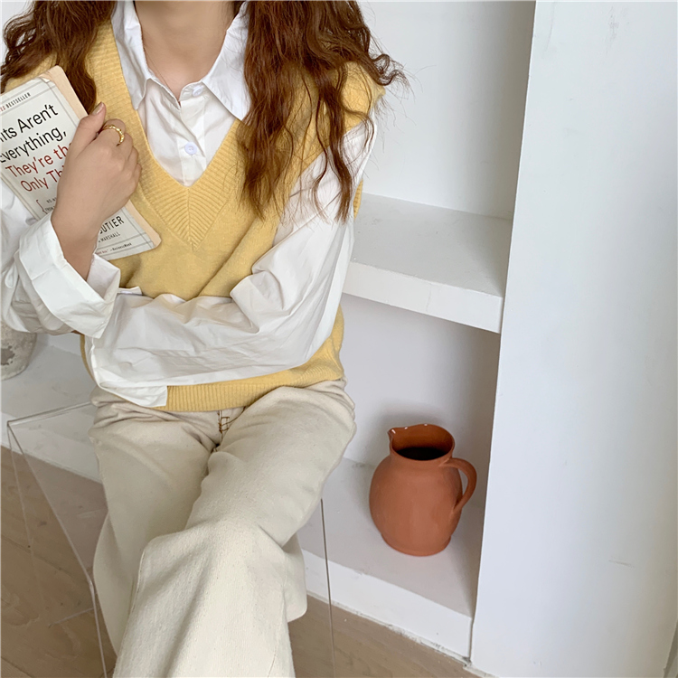 新款春秋女装洋气宽松显瘦V领毛衣外穿鹅黄色针织马甲背心详情34
