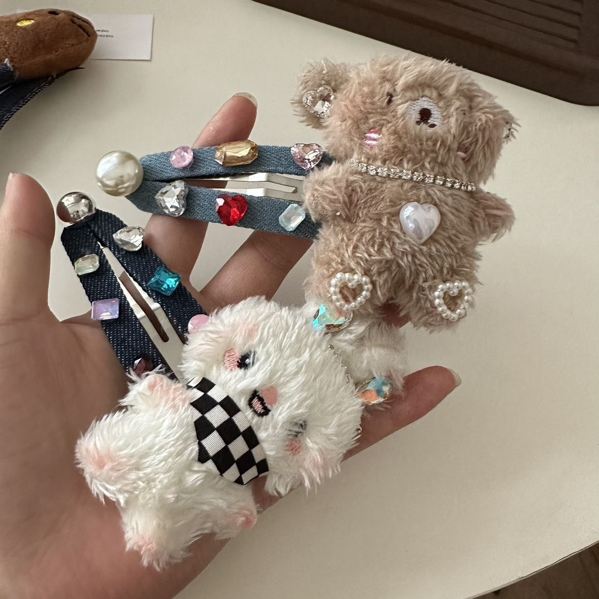 Cute plush rabbit bear denim hair clip, ins high-end colored diamond, sweet, cool, soft and cute girl large hair clip and hair accessory pic 12