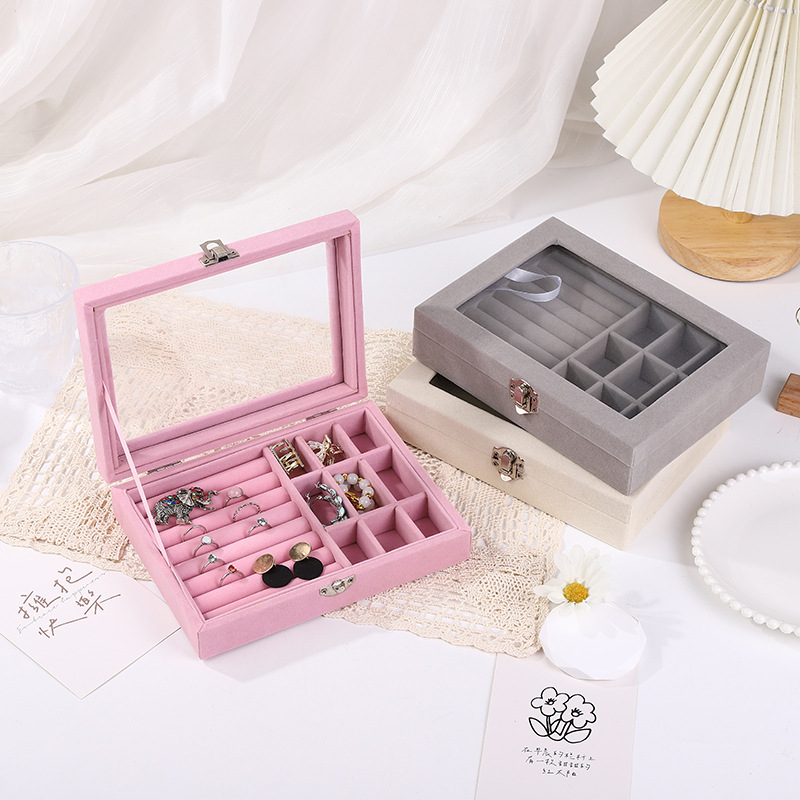 Fashionable, simple, large-capacity, portable, multi-compartment suede exquisite jewelry box, earrings, necklace and ring storage box pic 4