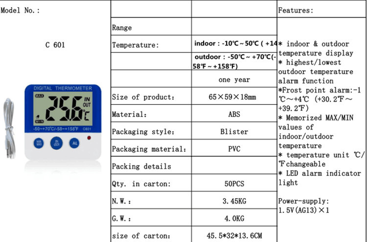 New electronic thermometer, indoor and outdoor thermometer 601 thermometer pic 14