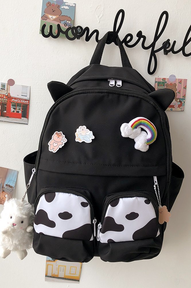 Japanese-style ins campus school style, fresh and cute, cute cow with earbuds, soft girl schoolbag, funny student backpack pic 50