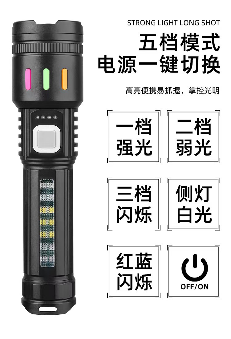 A new portable outdoor high-intensity flashlight with adjustable focusing, battery level display and red and blue light warning pic 3