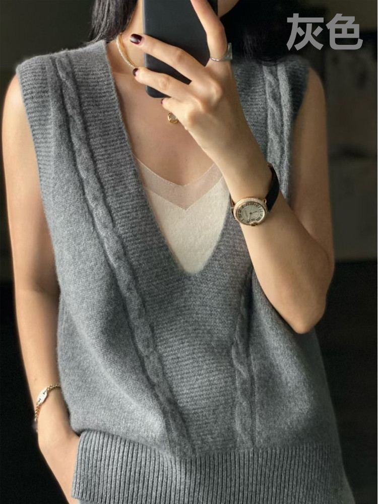秋季新款女士V领坎肩宽松大码针织毛衣韩版精纺羊毛扭花马甲背心详情6