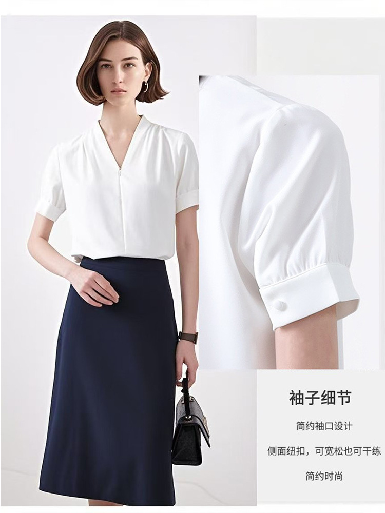 白色雪纺V领短袖衬衫女夏季高级感职业气质通勤垂感时尚百搭上衣详情2