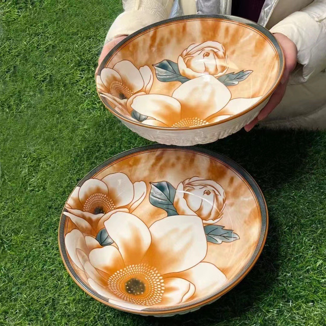 Japanese camellia ceramic bowls, plates and tableware, household rice bowls, large soup bowls, vegetable plates, popular retro bowls and plates, can be microwaved pic 7
