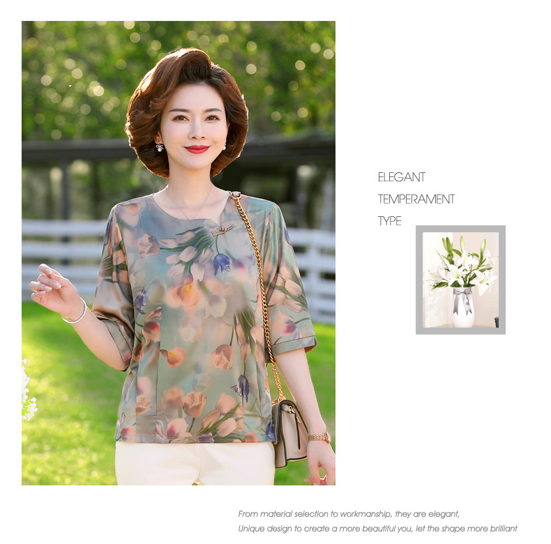 New fashionable chiffon short-sleeved T-shirt for middle-aged and elderly mothers in summer, elegant top for middle-aged women, and trendy floral mini shirt pic 51