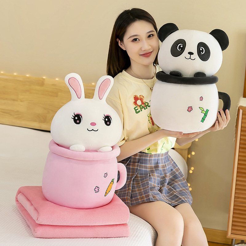Cartoon rabbit, panda, cute piggy, milk tea cup, dual-purpose throw pillow blanket, two-in-one blanket, office midday rest pillow pic 6