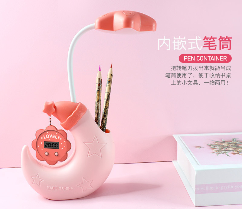 New cartoon moon LED pen holder desk lamp with clock, mirror, pencil sharpener, student charging, night light and logo printing pic 6