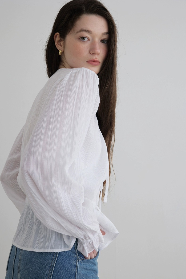 In-stock 2024 autumn new style, the same stylish bow tie drawstring shirt as Han So Hee from Dongdaemun, South Korea pic 43