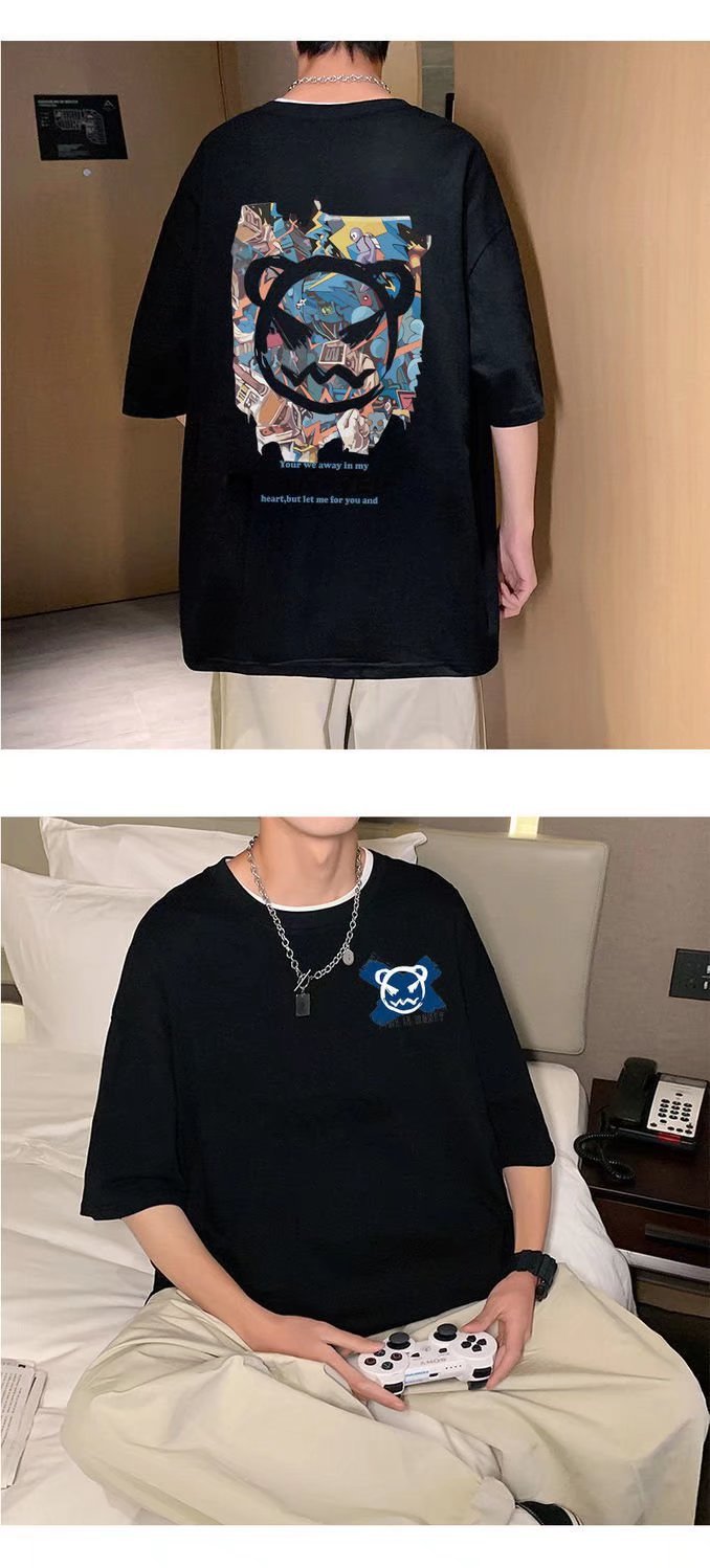 Summer Hong Kong-style devil graffiti short-sleeved T-shirt for men, ins trend loose couple half-sleeved T-shirt for casual wear, thin clothes pic 10