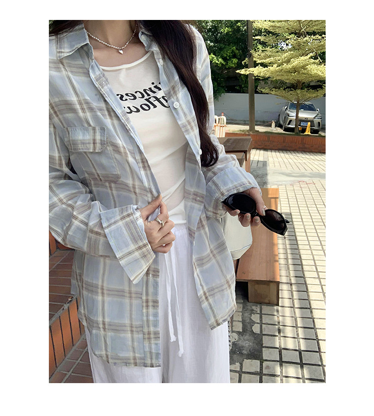 法式设计感小衫蓝色格子防晒衬衫女2024秋季新款女装小清新bm上衣详情22