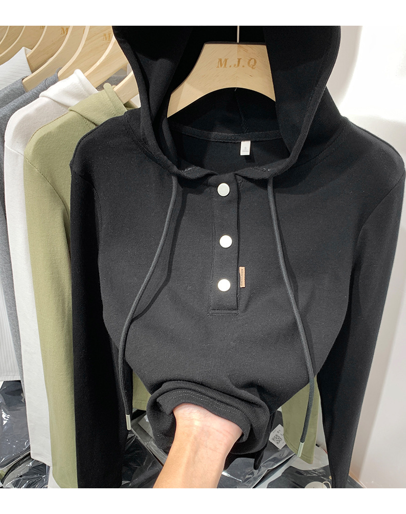 Korean hooded long-sleeved T-shirt for women 2023 autumn/Winter new style, slimming and form-fitting solid color hoodie, versatile top and base layer pic 13