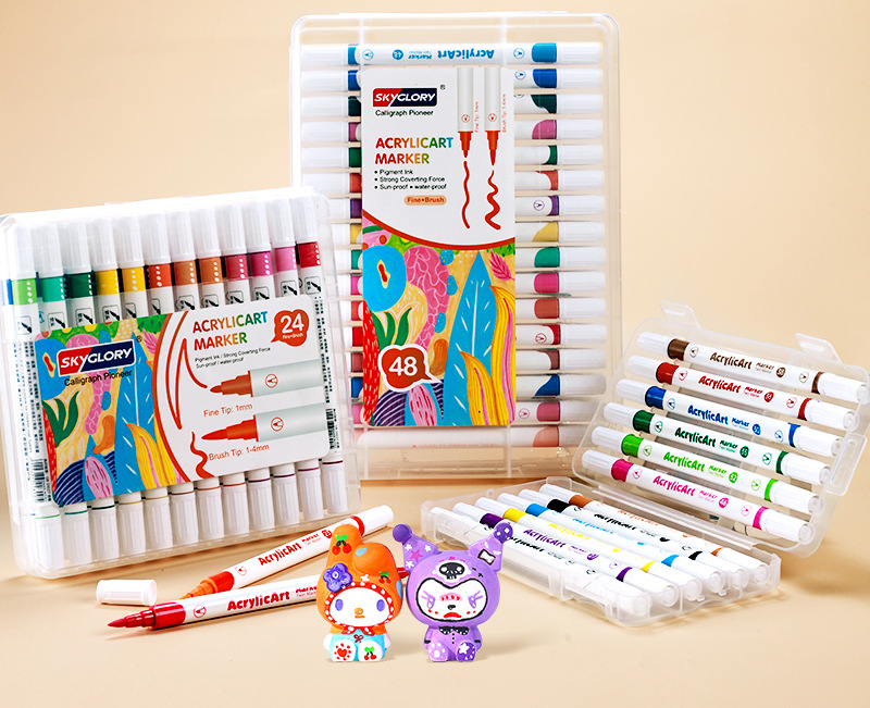 跨境双头丙烯马克笔套装 学生画画diy丙烯笔美术专用不透纸马克笔详情2