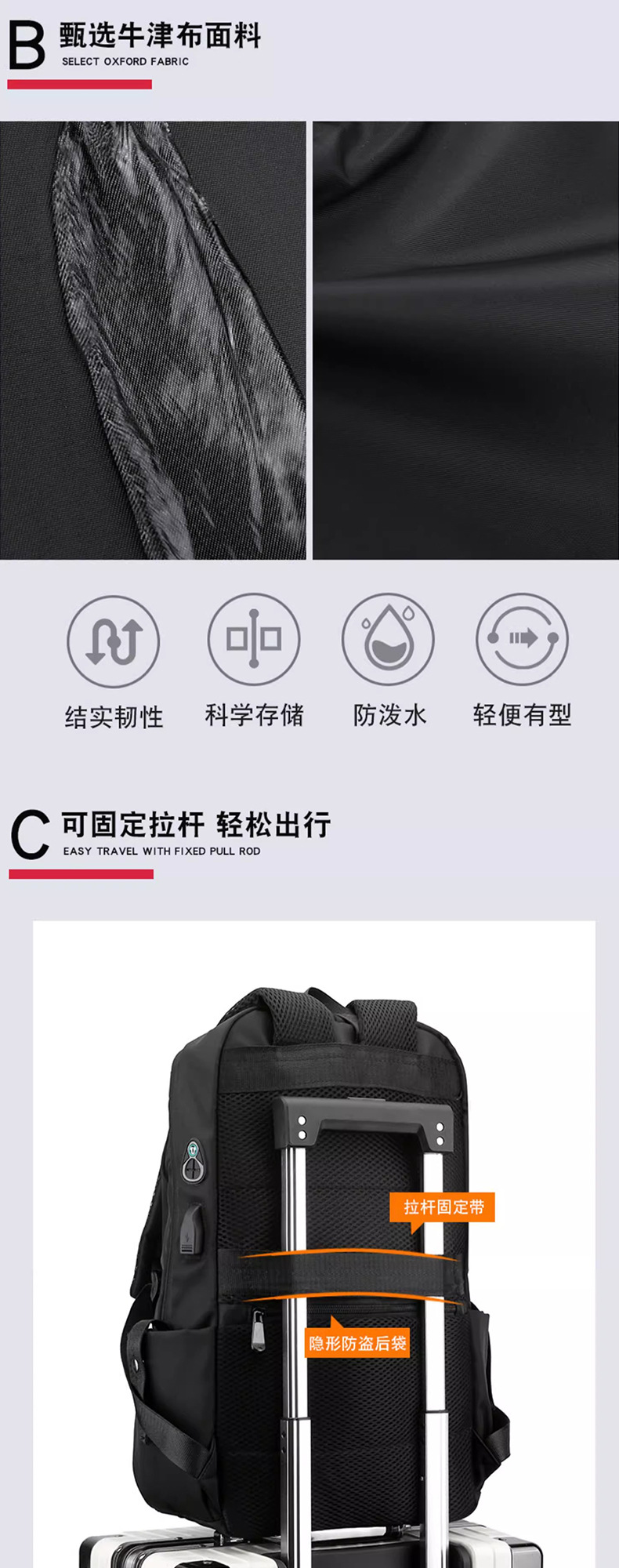 跨境背包男士高级感双肩包大容量商务电脑包书包防水旅行双肩背包详情7