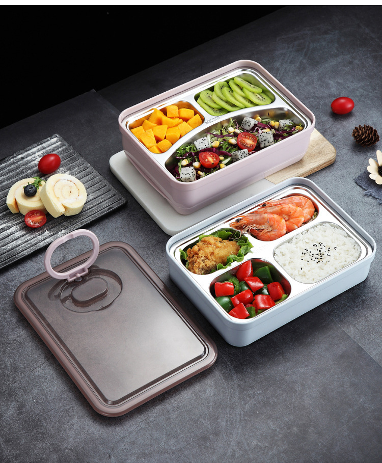 创意304不锈钢分层饭盒 分格保温午餐盒 带餐具格便当盒lunch box详情4