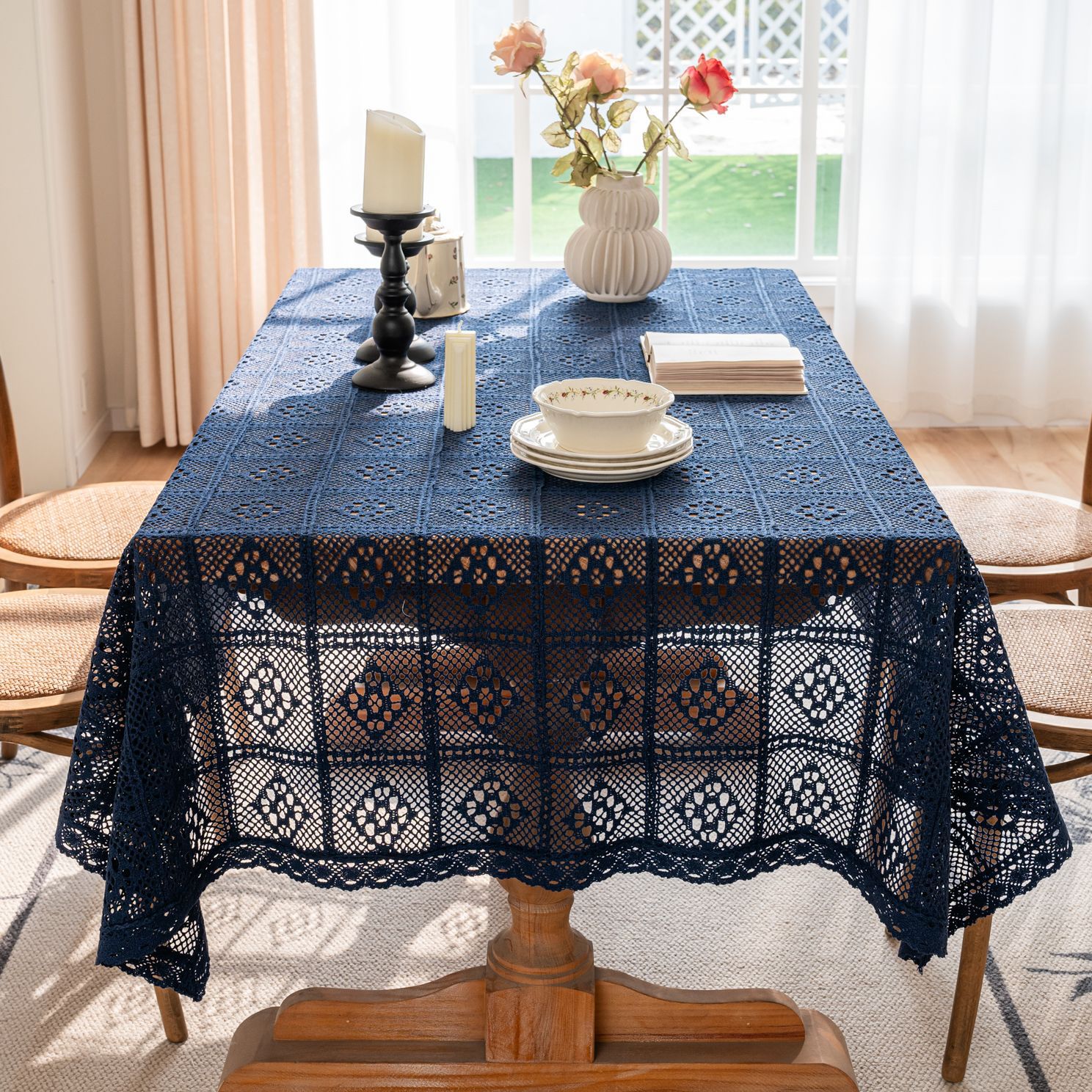 Cross-border hollowed-out hidden deep blue tablecloth, retro crochet photo art book, personalized cotton thread woven tablecloth cover pic 7