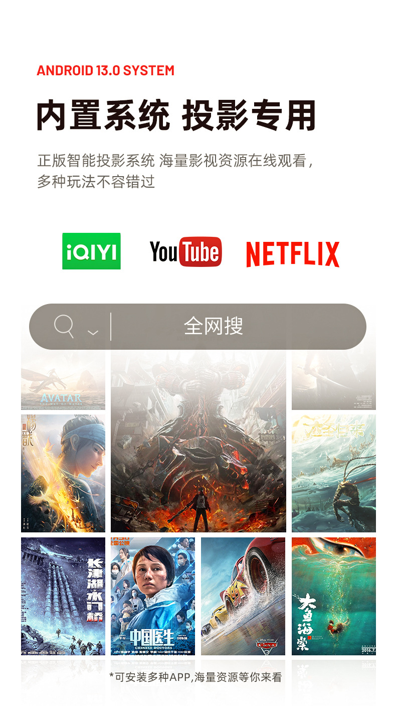 跨境新品V1投影仪卧室投墙1080P高清投影机办公家用户外便携炮筒详情6