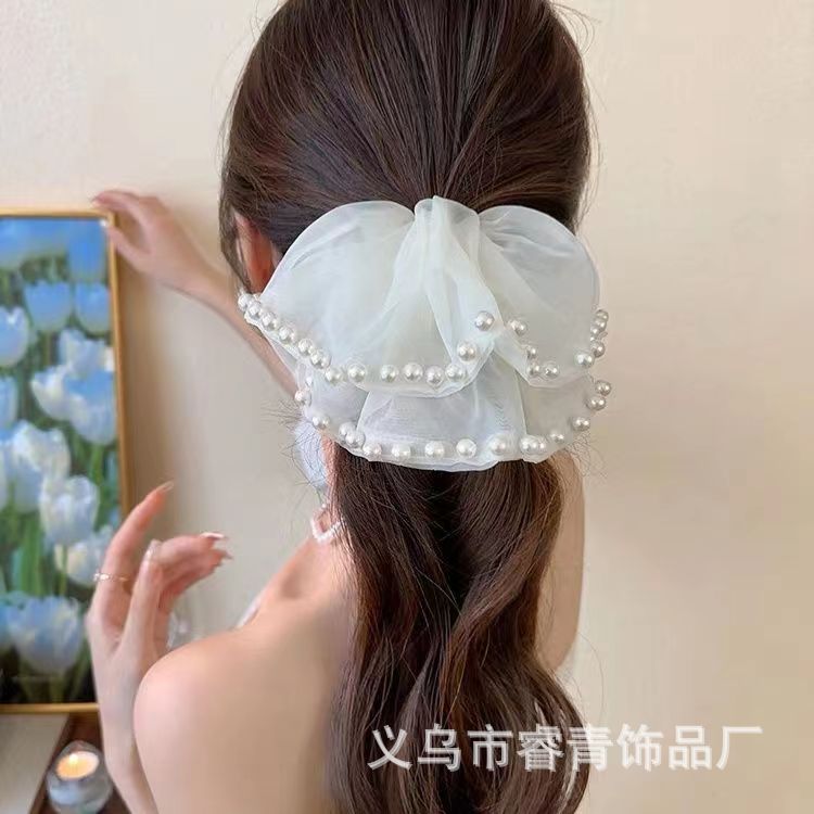 法式优雅高颜值珍珠发圈超大网纱百搭大肠发圈欧根纱钉珠皮筋爆款详情2