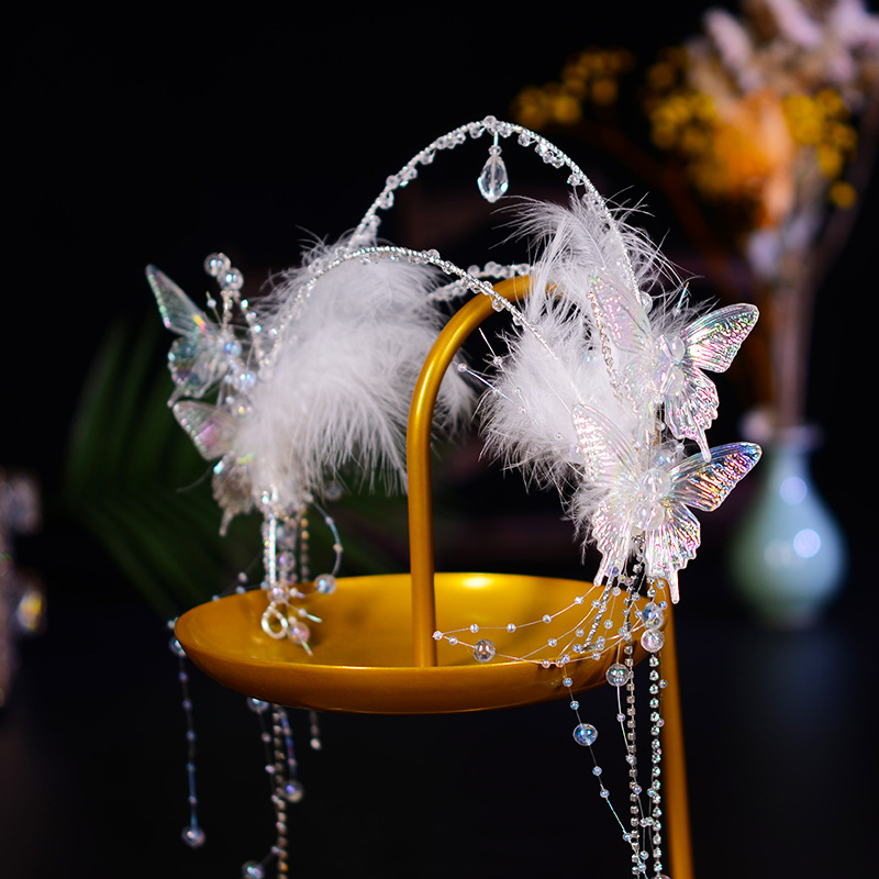 Handcrafted original Hanfu headband headwear, butterfly tassels, ancient and ethereal style for young girls, white feather headwear, lazy headband pic 2