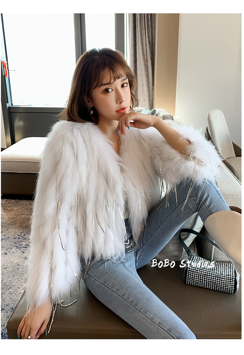 高端定制Biling水钻流苏亮片车条貉子毛编织仿皮草外套女短款网红详情9