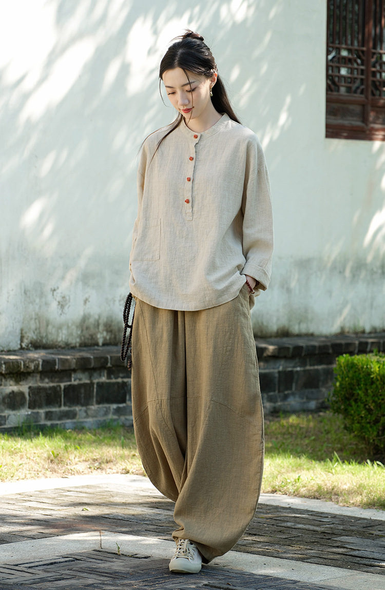 2024春夏棉麻女装新品亚麻立领拼色盘扣套头大码上衣女式棉麻衬衫详情14