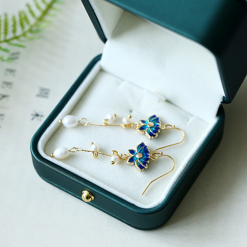 Original Chinese-style cloisonne set, lotus cloisonne natural freshwater pearl earrings, copper-plated 14K gold earrings for women pic 4