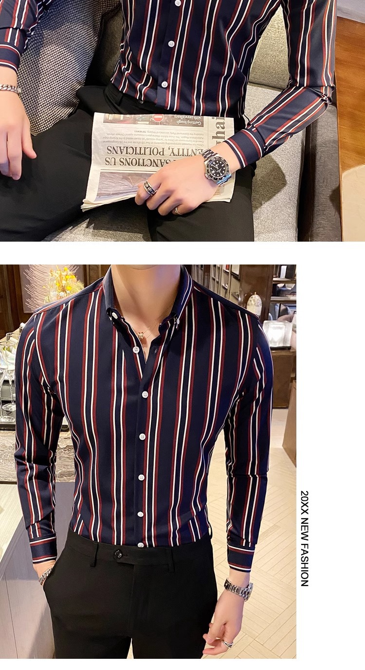2025春季新款时尚条纹男士长袖衬衫显瘦韩版时尚修身青年帅气衬衣详情15