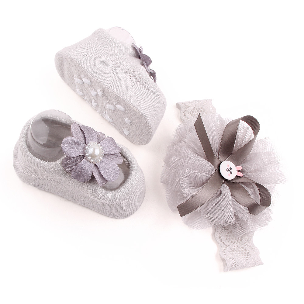 New solid color lace European and American baby socks Bow princess cute baby socks hair band set 2619 pic 10
