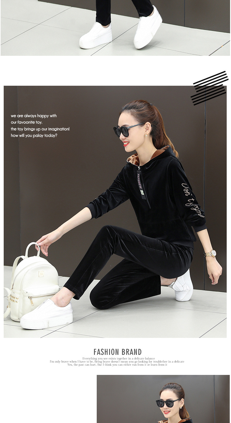 Velvet sportswear for women, 2020 spring and winter, hooded fashion, Korean-style plus-size sweatshirt, casual two-piece set, trendy pic 13