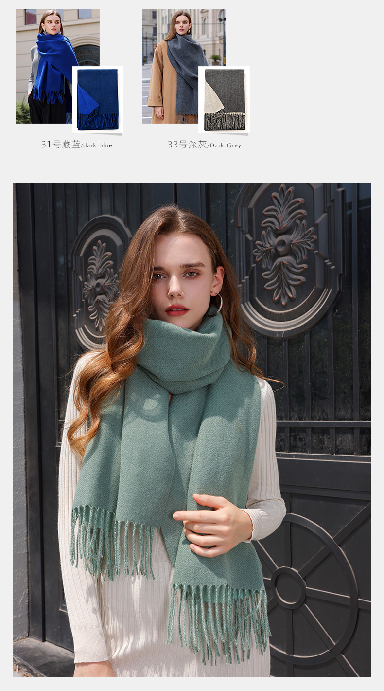 The 2023 new double-sided solid color macaron scarf for women is a bestseller in winter. It is fashionable and warm with faux cashmere tassels. Wholesale pic 5