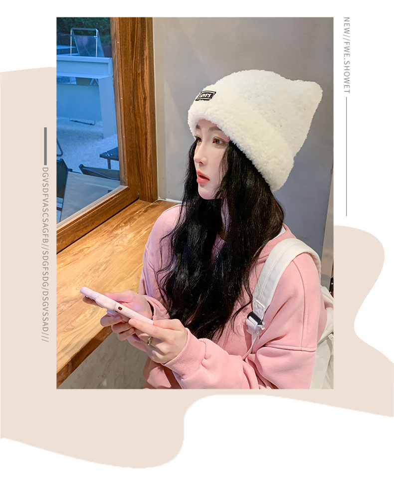 秋冬季新款女纯色毛绒保暖显脸小耳朵套头帽户外休闲学生冷帽子潮详情3
