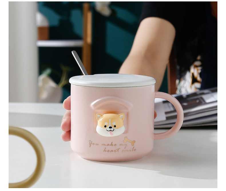 立体柴犬可爱卡通陶瓷杯秋田犬马克杯带盖勺学生办公家用水杯情侣详情19
