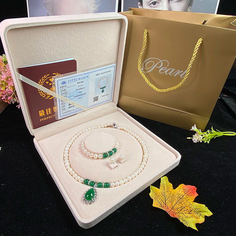 天然淡水珍珠项链绿玉髓吊坠白珍珠手链套装送妈妈婆婆母亲节批发详情26