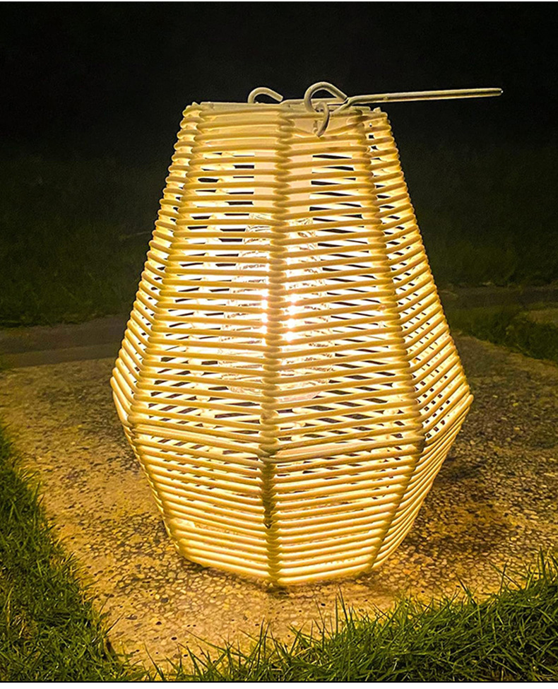 Outdoor solar lamp atmosphere decoration white lantern with handle imitation rattan weaving waterproof creative solar charging lamp pic 2