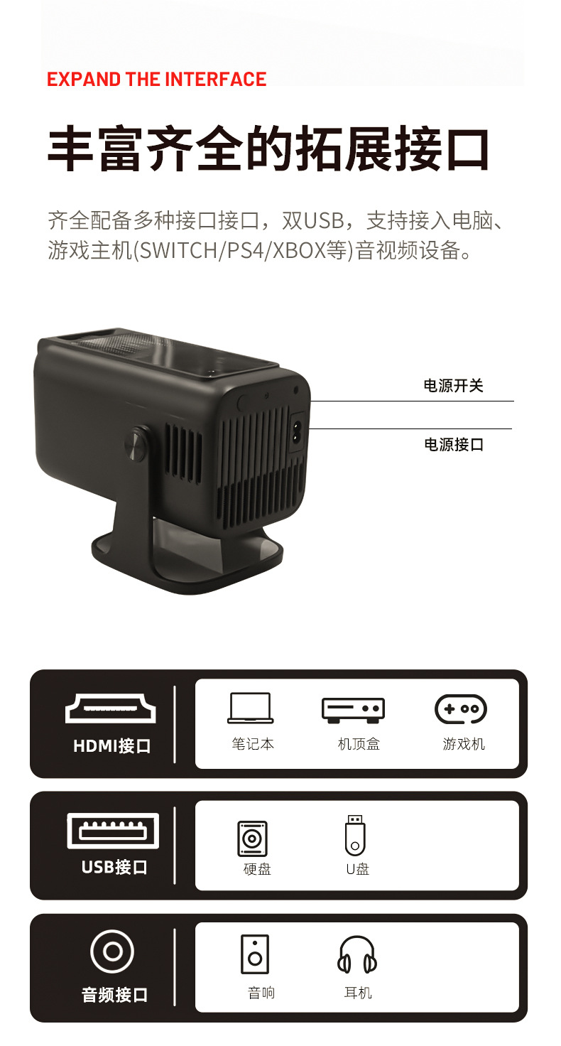 跨境新品V1投影仪卧室投墙1080P高清投影机办公家用户外便携炮筒详情12
