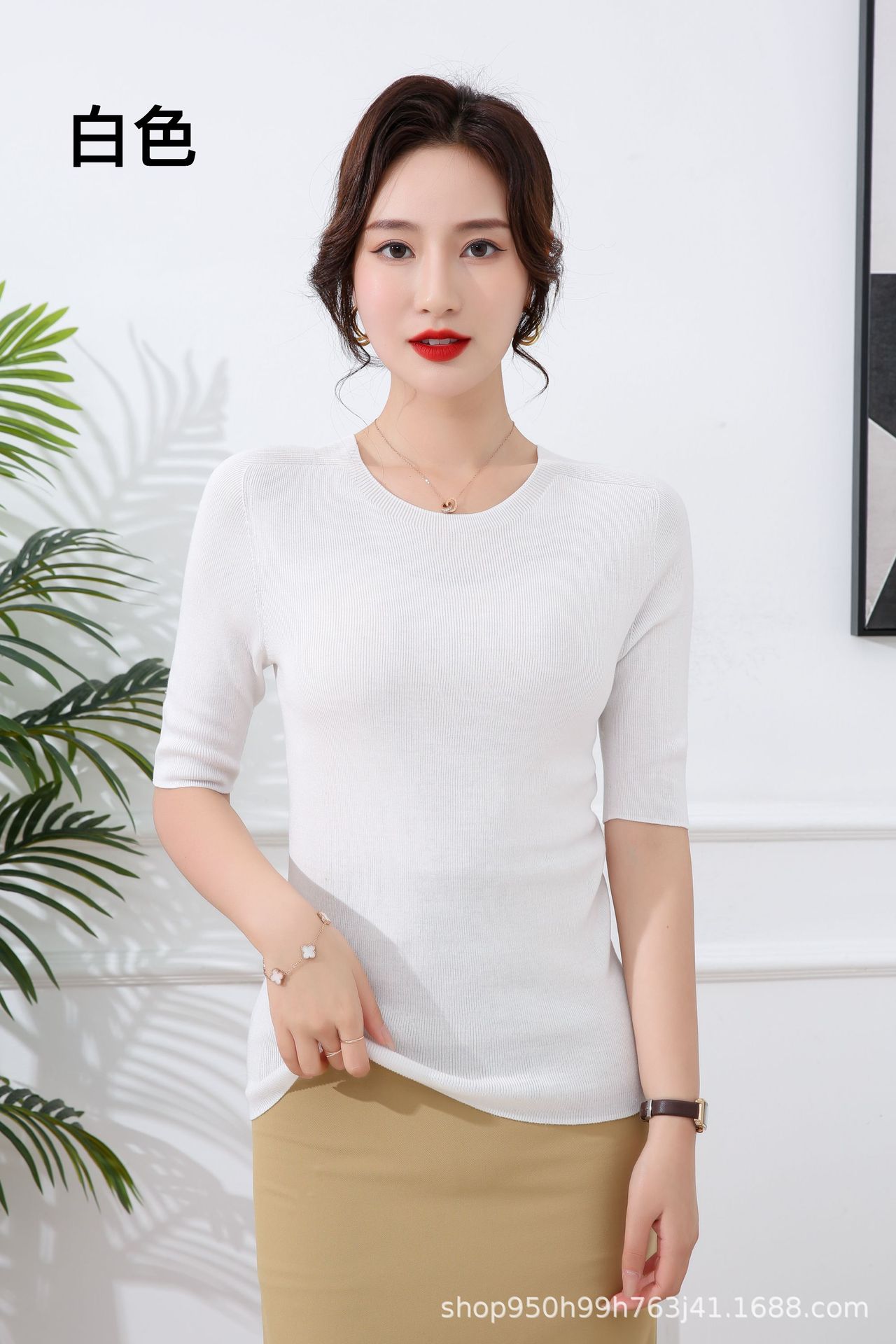 100天丝莱赛尔夏薄款可机洗短袖体恤女圆领套头针织无缝T恤上衣详情7