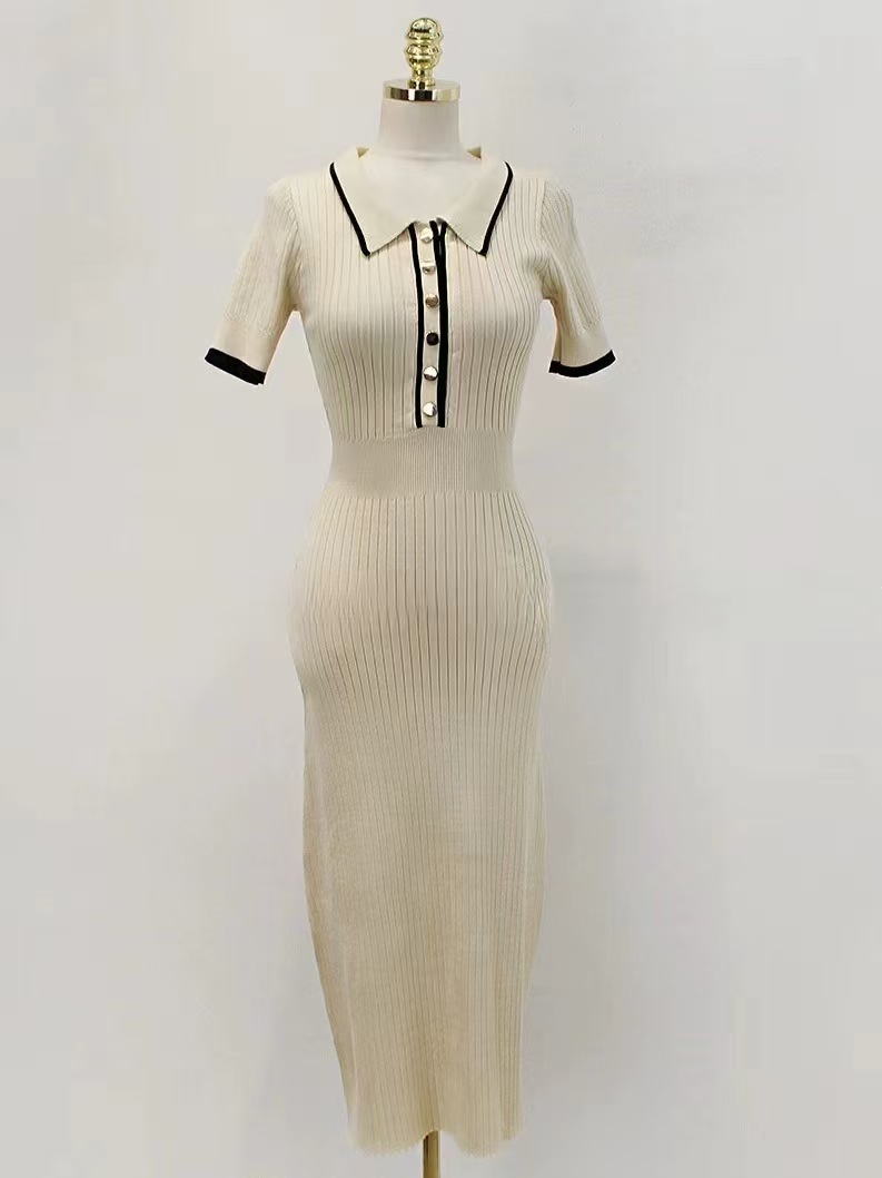 韩版chic复古纯欲风POLO领弹力修身显瘦撞色短袖针织包臀连衣裙详情9