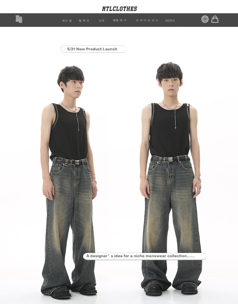 MTLCLOTHES男装|2023四季款新品复古港风做旧宽松阔腿拖地牛仔裤详情2